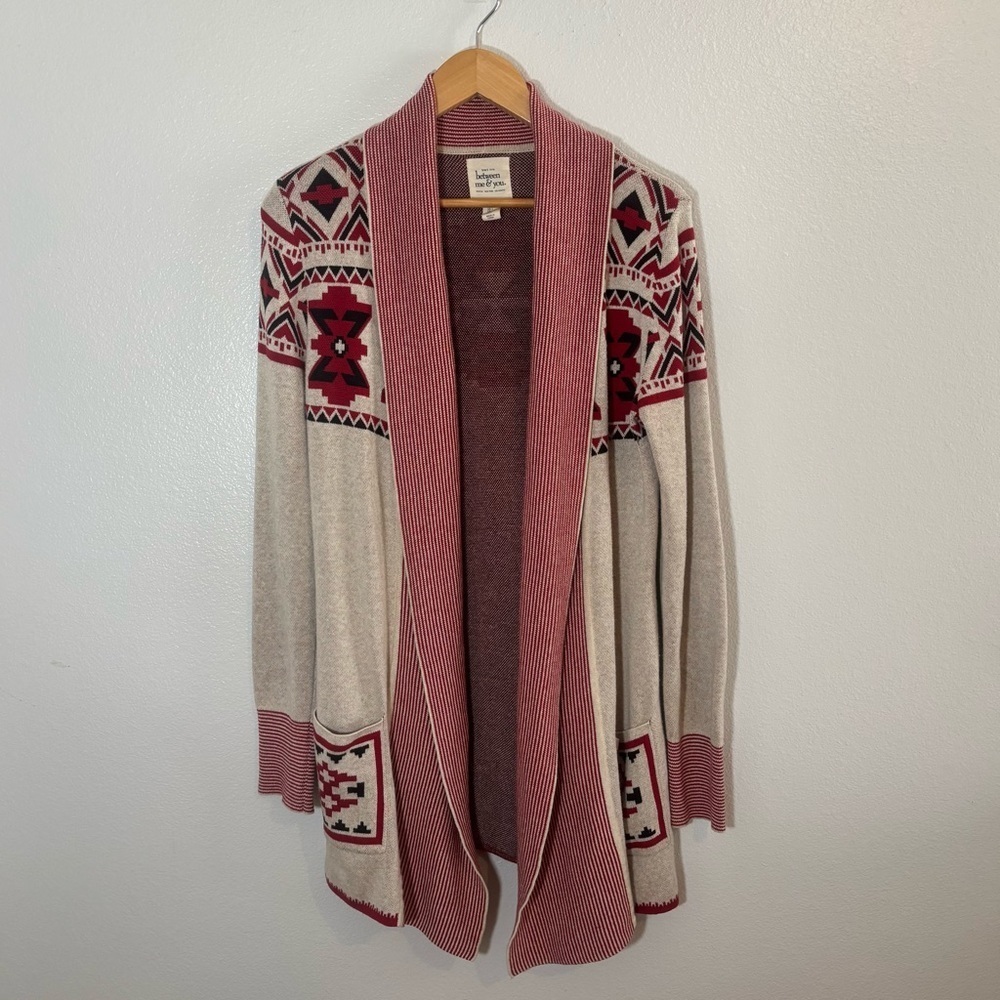Southwestern Longline Cardigan Size L Red Cotton Aztec Boho Between Me & You